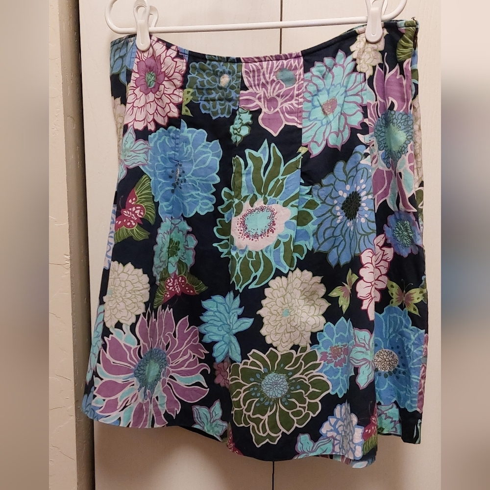 Attention Size 18 Navy Colorful Floral Clasic 100% Cotton Skirt Office Summer